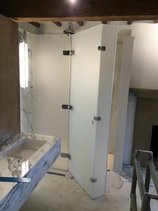 Bespoke frosted glass shower enclosure in Brixton luxury bathroom